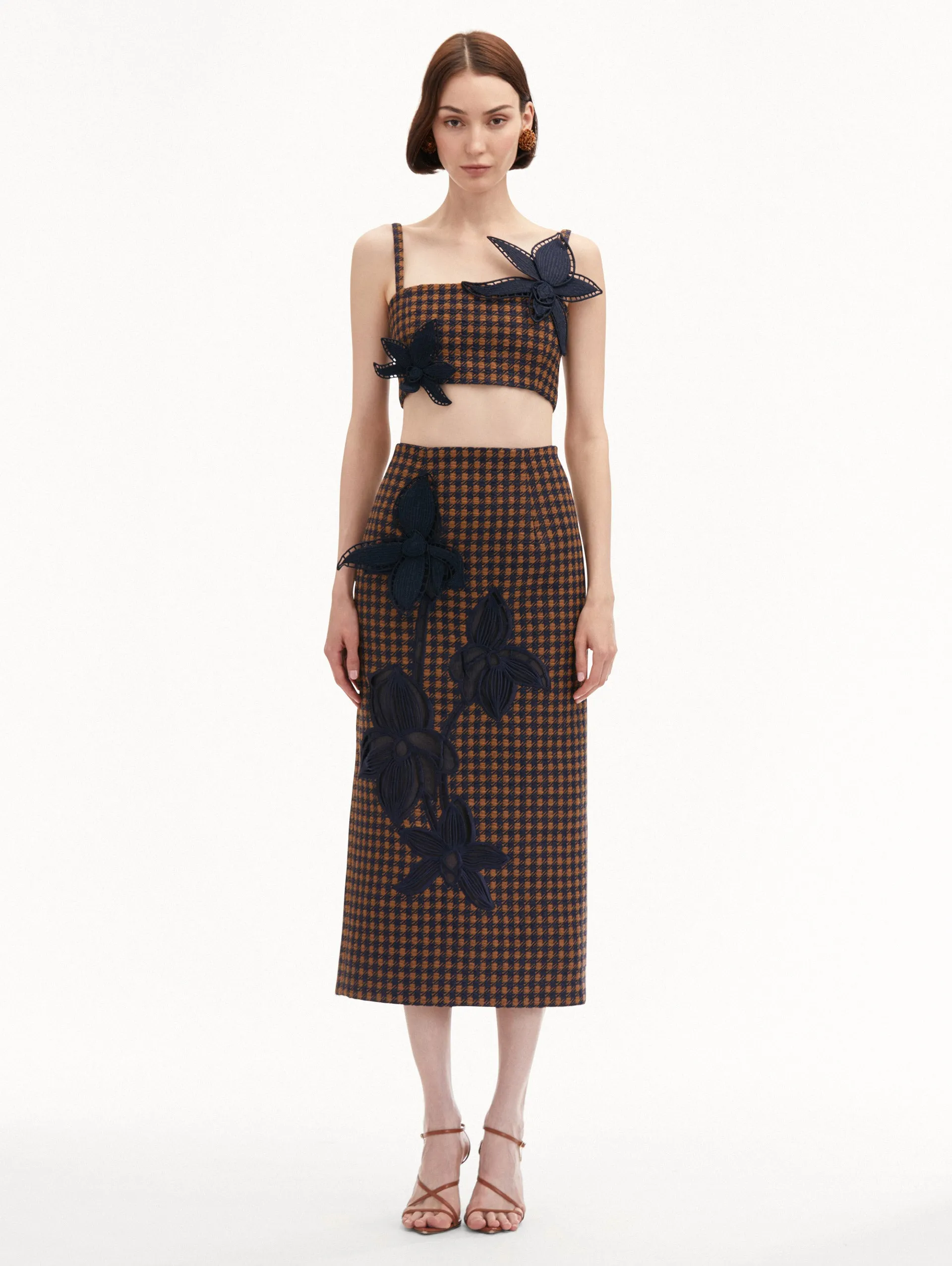 Check Tweed Orchid Embroidered Pencil Skirt