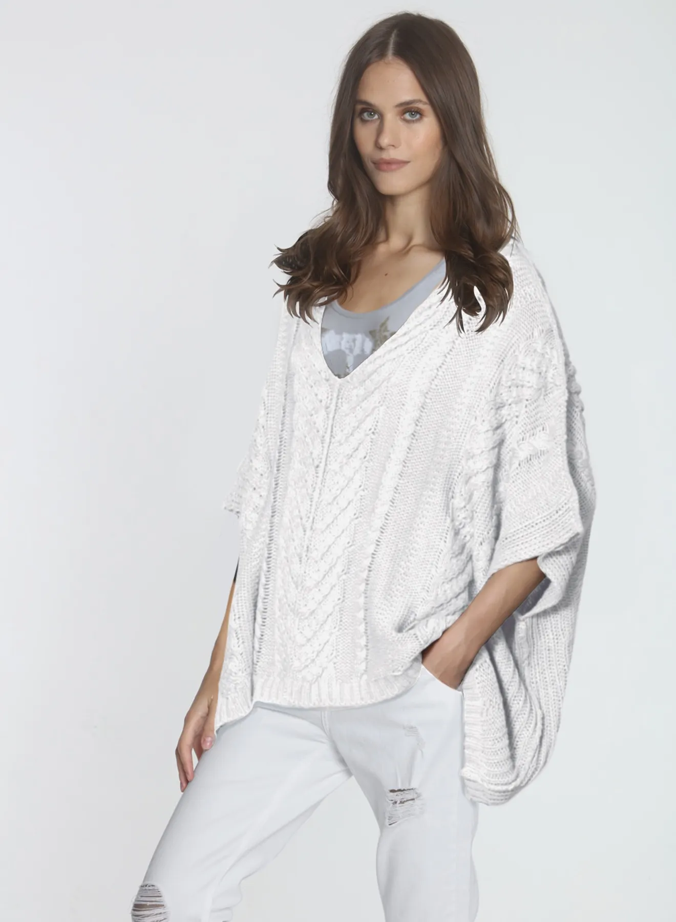 Chloe Cable Poncho - White