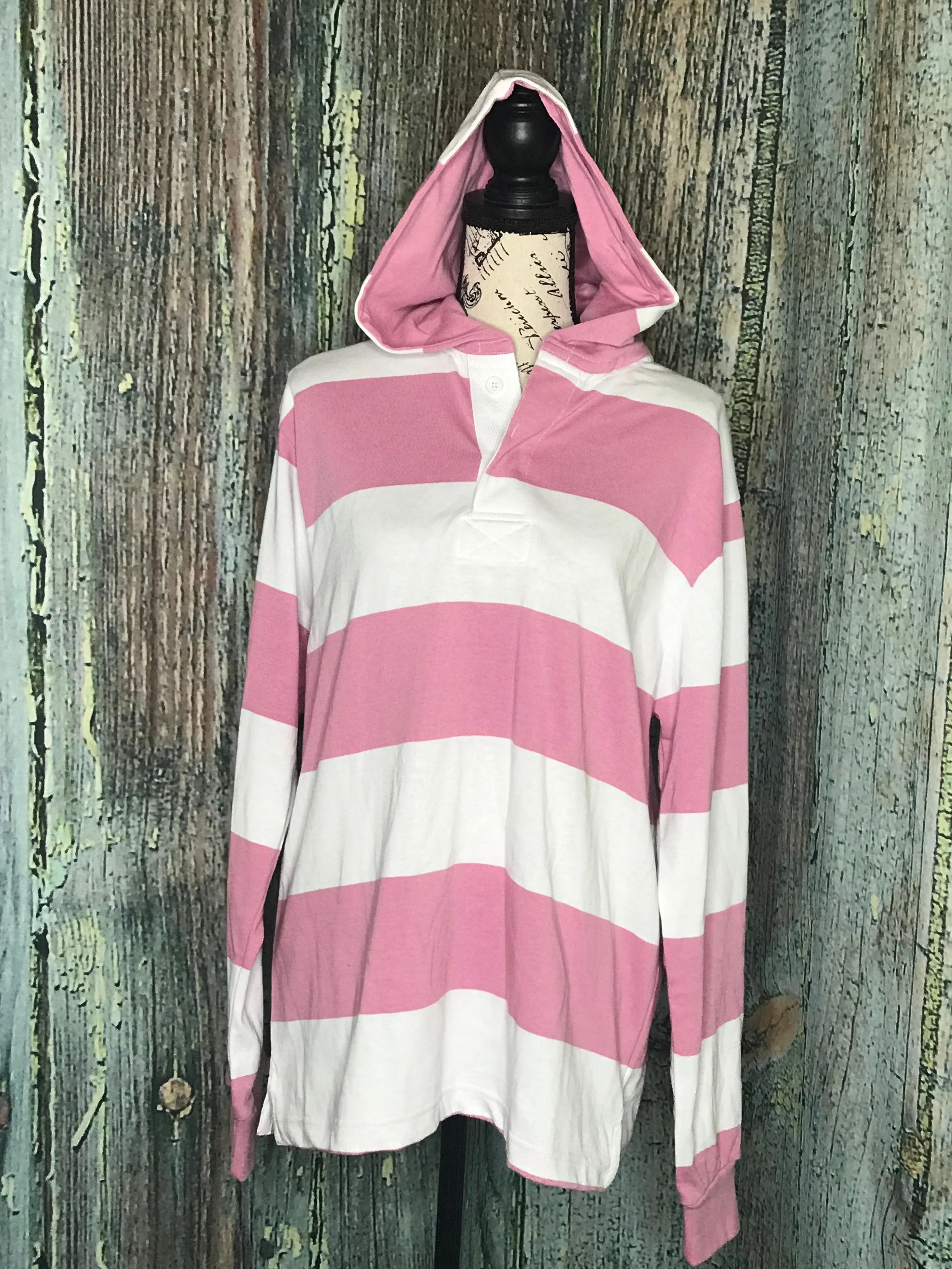 Clearance Charles River Apparel Pink/White Hooded Rugby Pullover Size Small