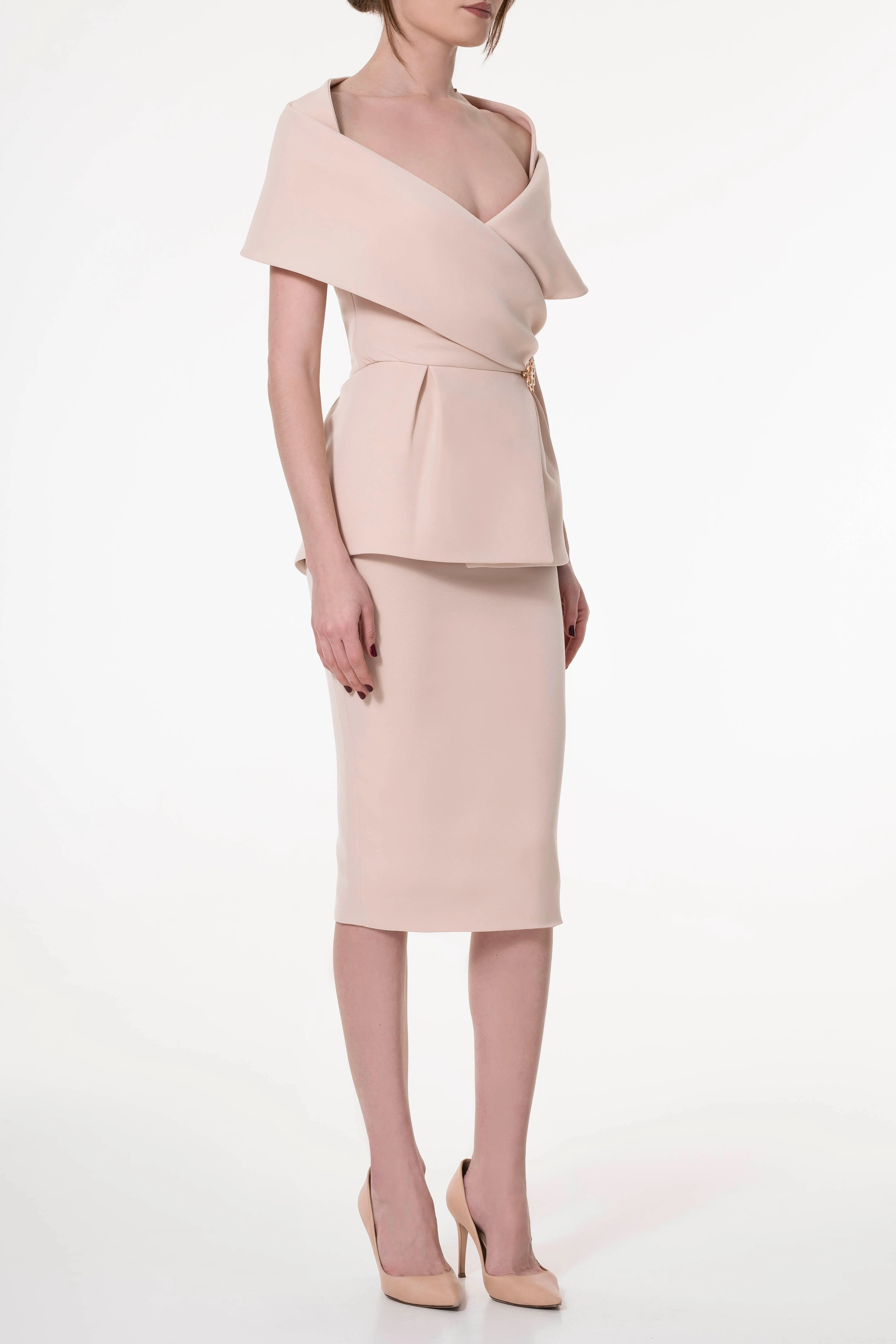 Conical Midi Crepe Skirt In Nude Rose