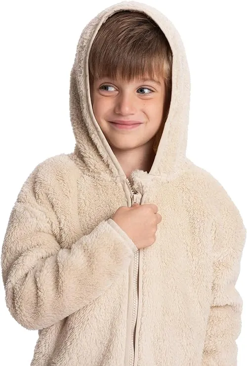 Cozy Explorer: Boys Sherpa Jacket - Soft Zip-Up Winter Embrace for Kids & Toddler, Off-White