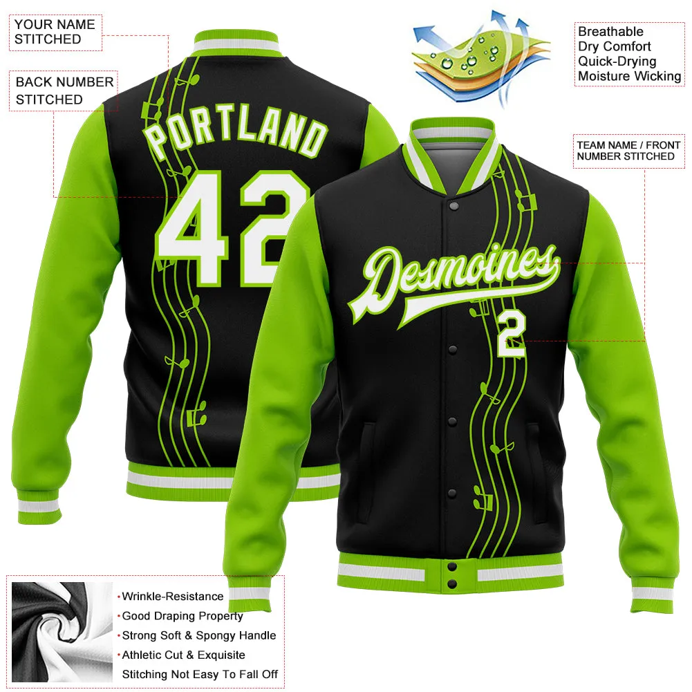 Custom Black White-Neon Green Music Festival 3D Pattern Design Bomber Full-Snap Varsity Letterman Jacket