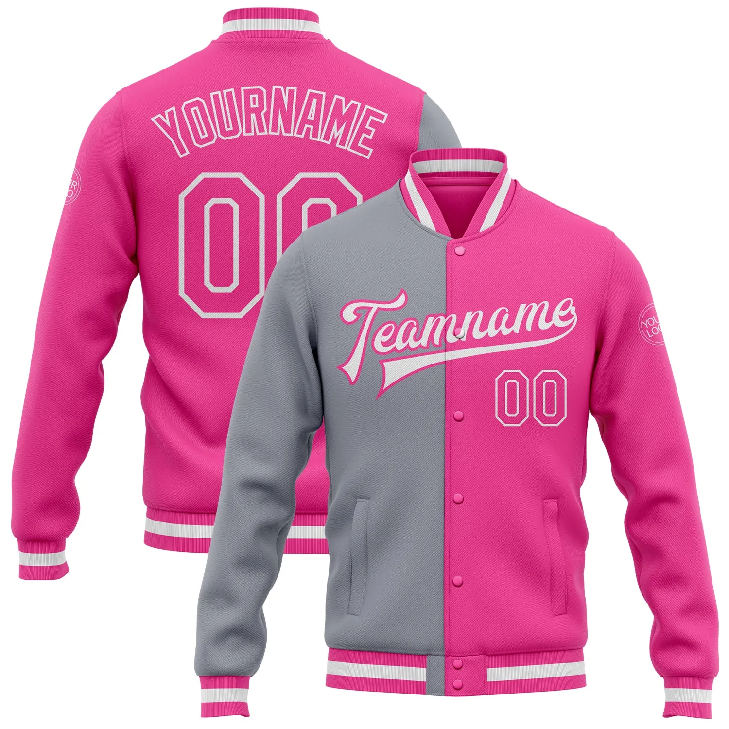 Custom Pink Pink-Gray Bomber Full-Snap Varsity Letterman Split Fashion Jacket