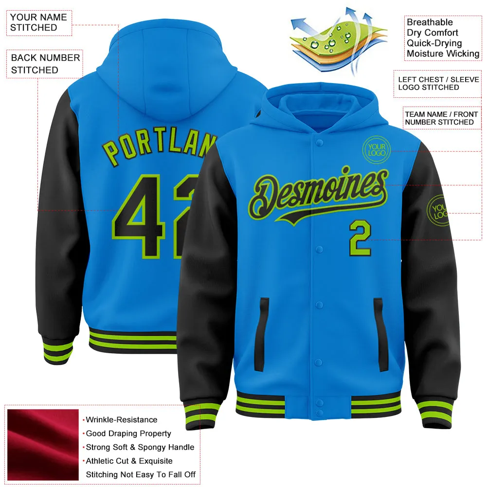 Custom Powder Blue Black-Neon Green Bomber Full-Snap Varsity Letterman Two Tone Hoodie Jacket