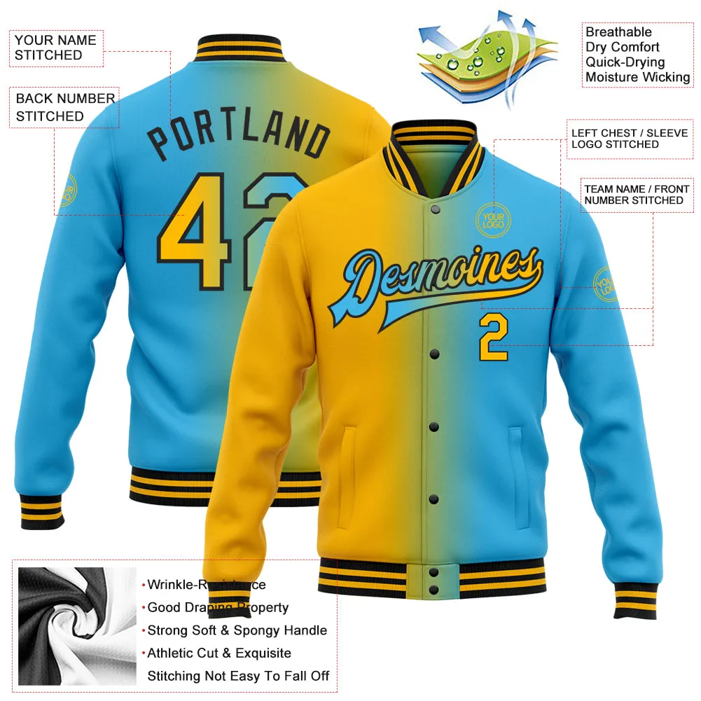 Custom Sky Blue Gold-Black Bomber Full-Snap Varsity Letterman Gradient Fashion Jacket