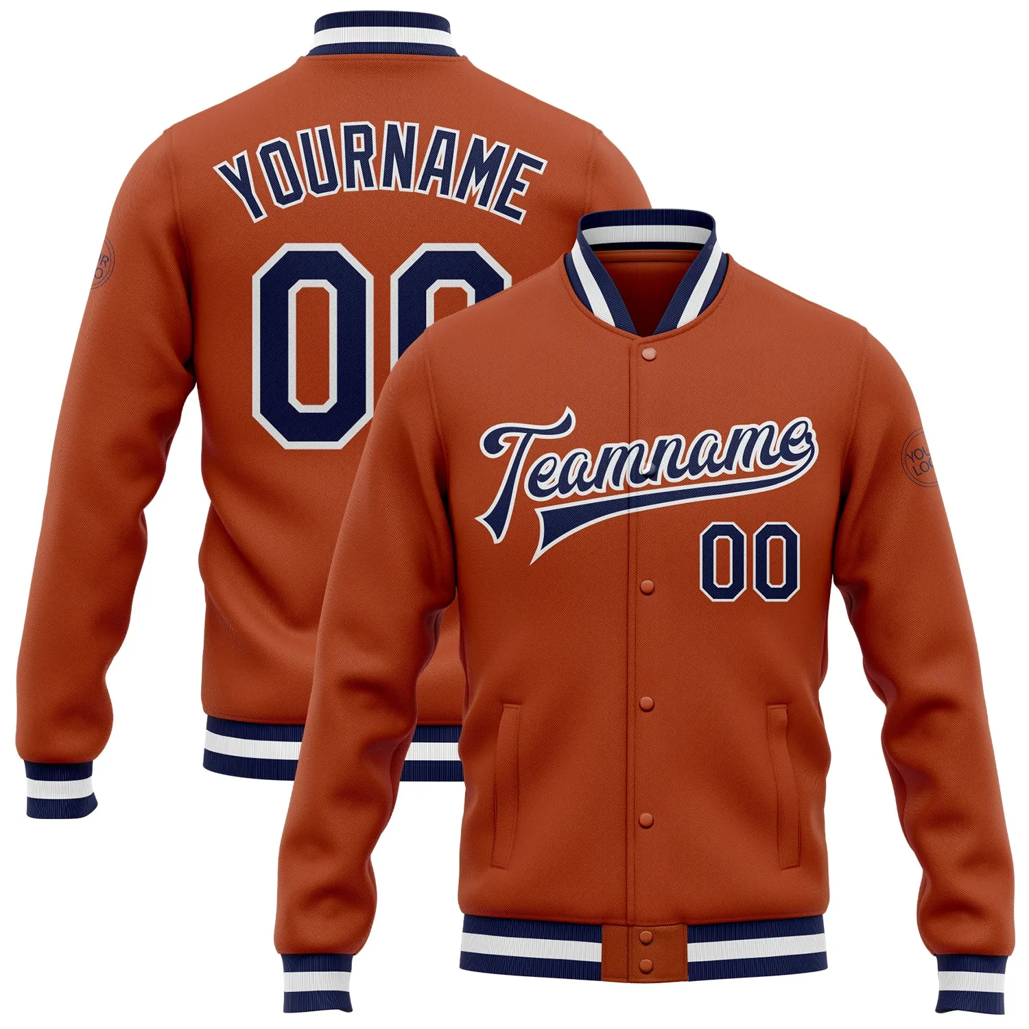 Custom Texas Orange Navy-White Bomber Full-Snap Varsity Letterman Jacket