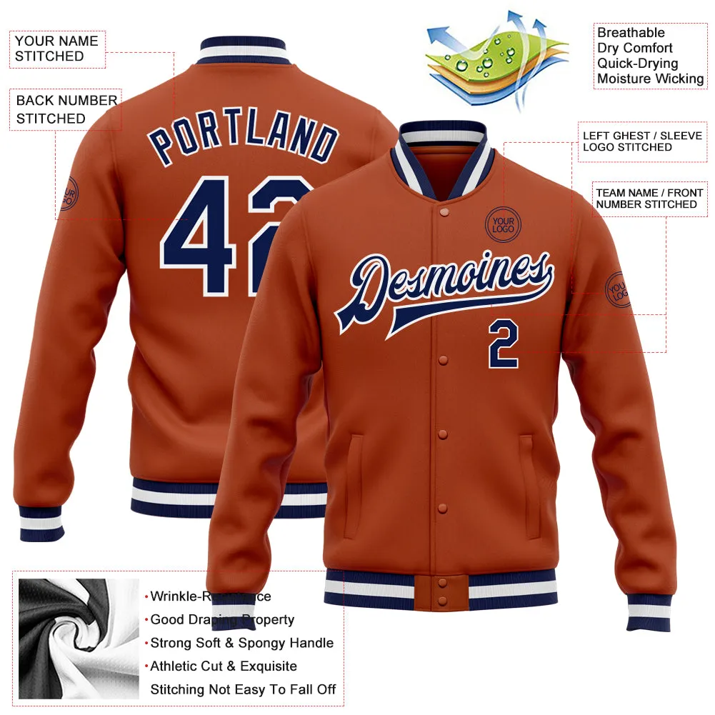 Custom Texas Orange Navy-White Bomber Full-Snap Varsity Letterman Jacket