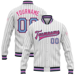 Custom White Black Pinstripe Light Blue-Pink Bomber Full-Snap Varsity Letterman Jacket