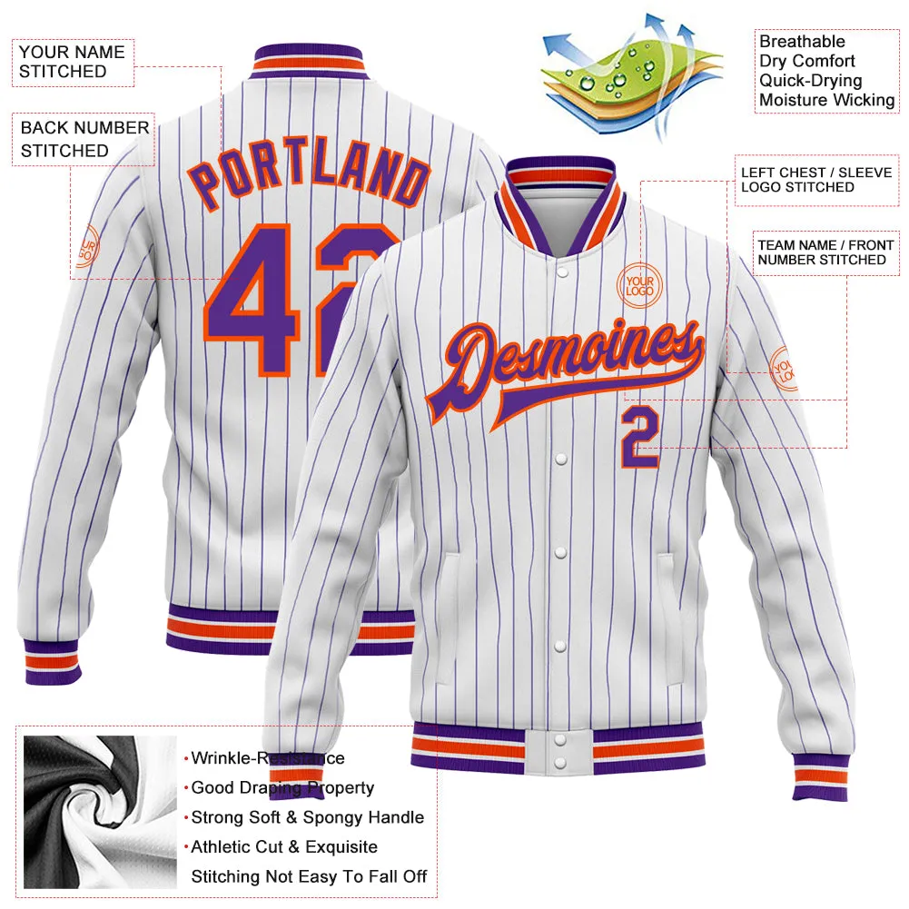 Custom White Purple Pinstripe Orange Bomber Full-Snap Varsity Letterman Jacket