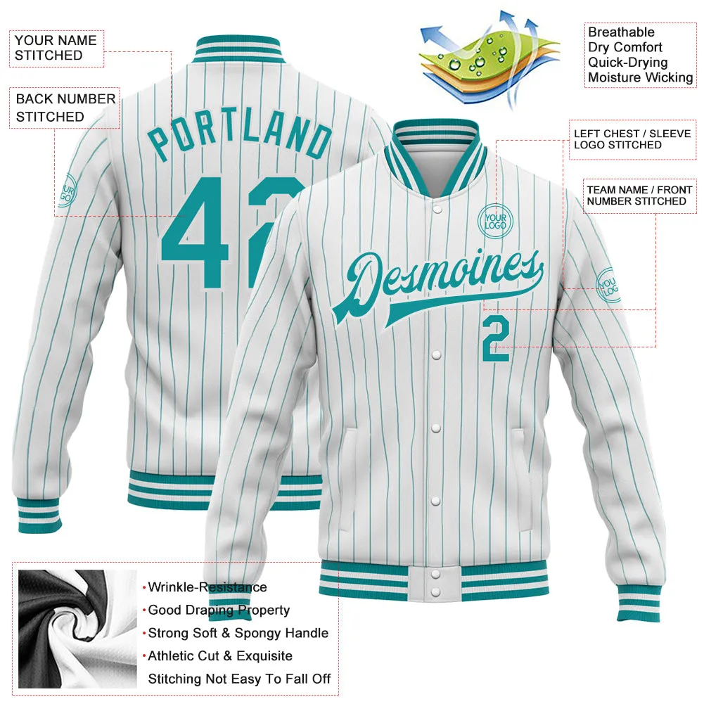 Custom White Teal Pinstripe Teal Bomber Full-Snap Varsity Letterman Jacket