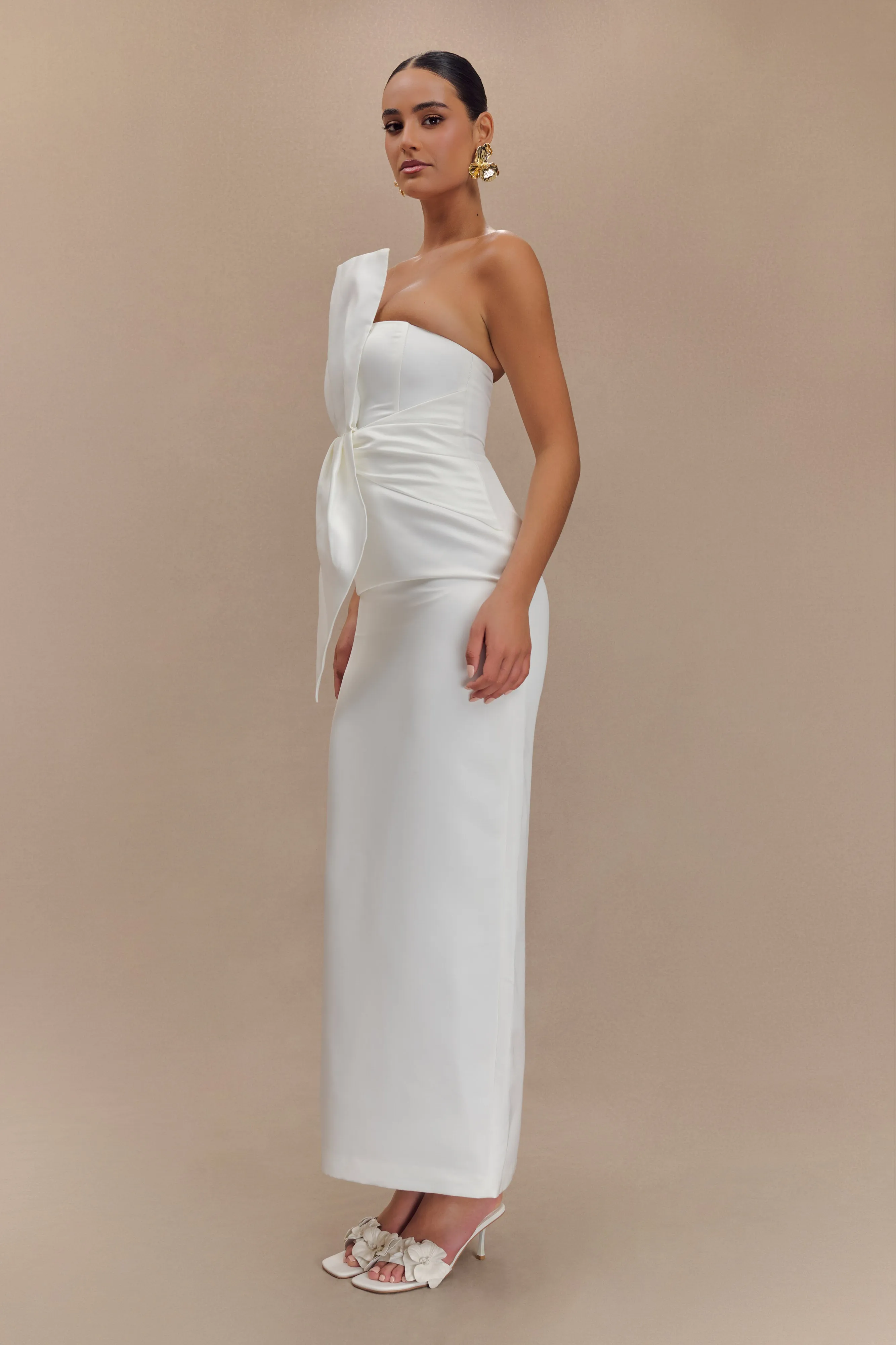 Cyrill Strapless Satin Structured Maxi Dress - White