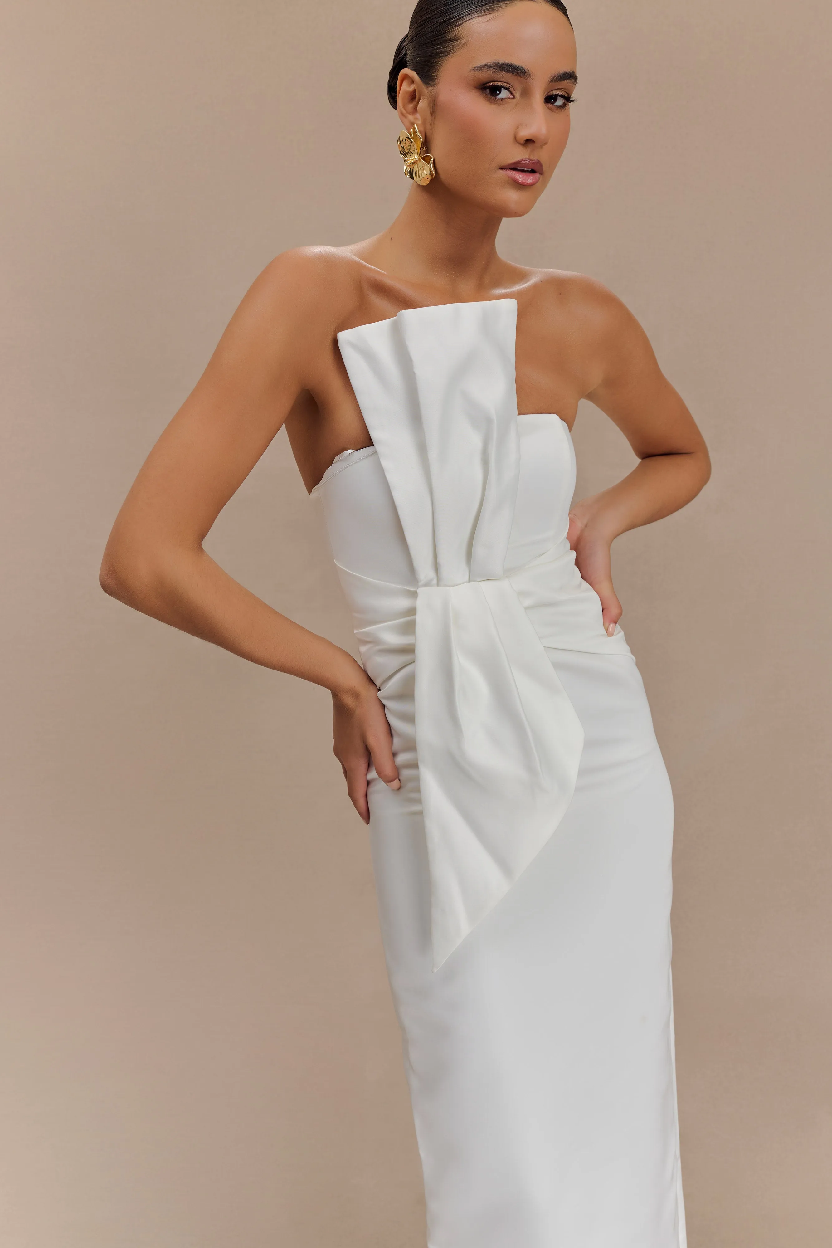 Cyrill Strapless Satin Structured Maxi Dress - White