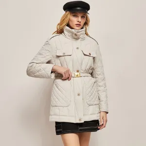 Diamond Quilted Thigh-Length Puffer Jacket