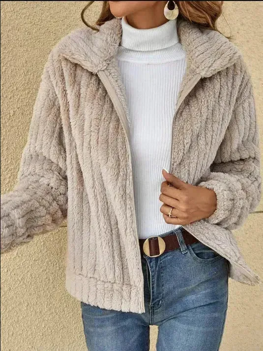 Fall Winter Casual Women Thick Fleece sherpa  Lapel  Cardigan sweater Jacket