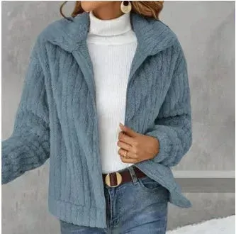 Fall Winter Casual Women Thick Fleece sherpa  Lapel  Cardigan sweater Jacket