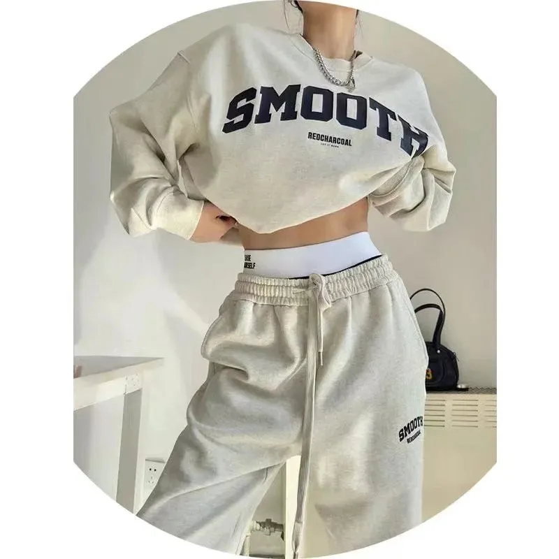 Fashionkova Women's Pants Set Sporty Sweatshirt Letter Printing Pullovers Tops Elastic Waist Solid Pants Girl's 2pcs Sets Tracksuit Hoodie