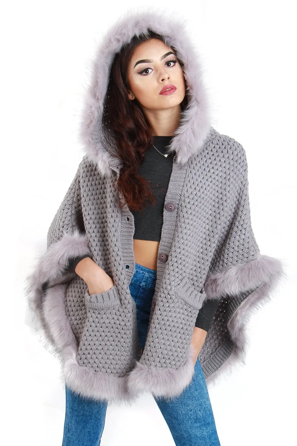 Faux Fur Knitted Hood Poncho