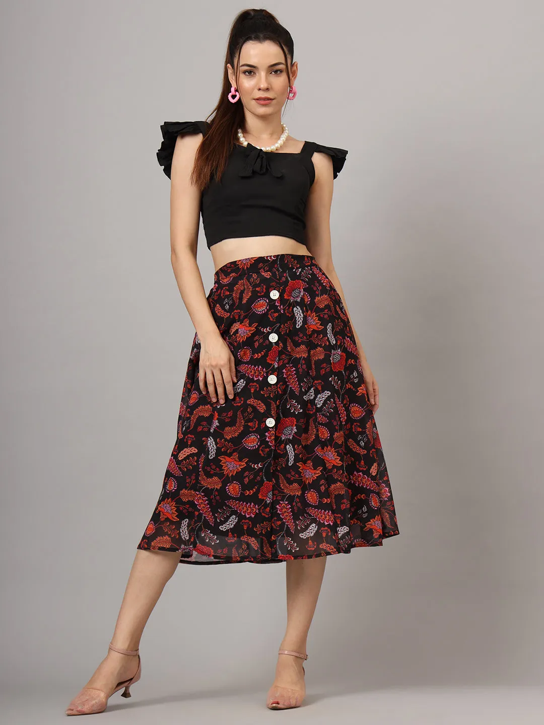 Floral Printed Flared Midi Skirt