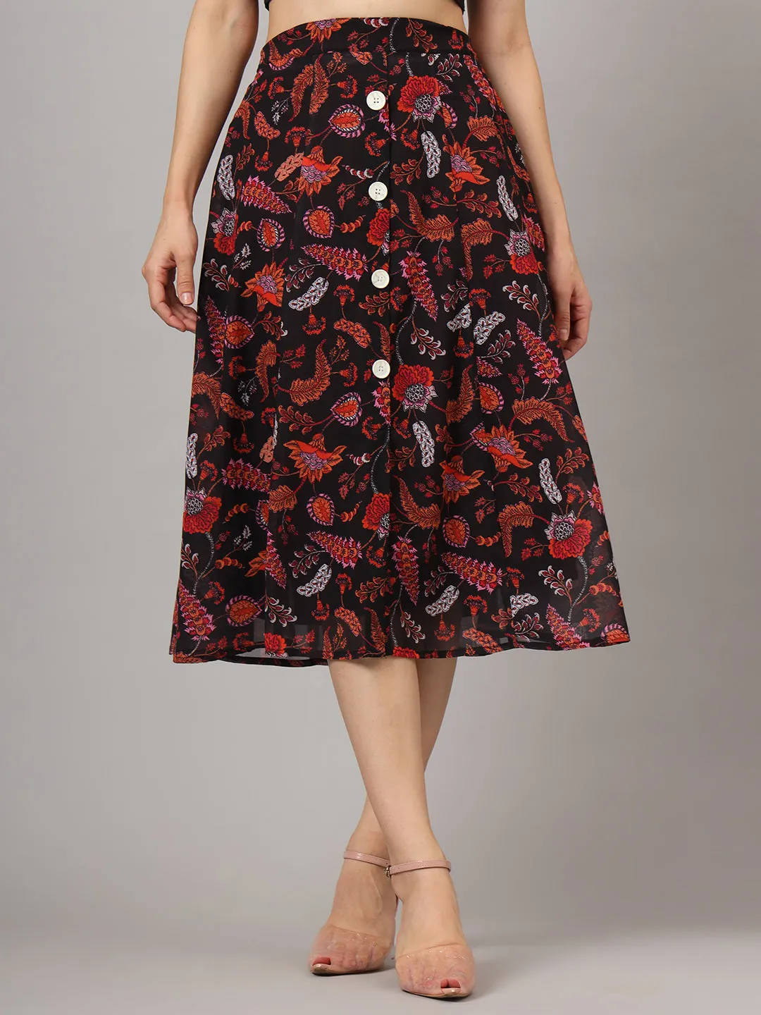 Floral Printed Flared Midi Skirt