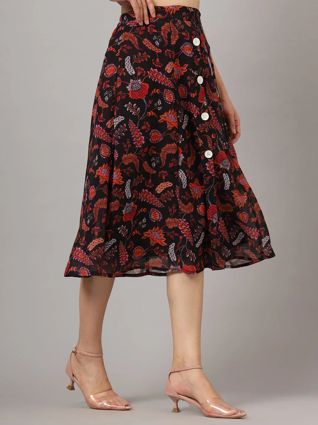 Floral Printed Flared Midi Skirt