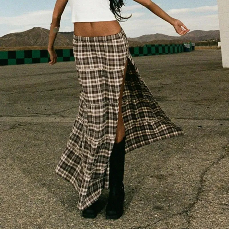 French Vintage Low Rise Y2K Long Skirt Autumn Frill Side Slit Fashion Chic Ruched Plaid Skirt Women Party Grunge