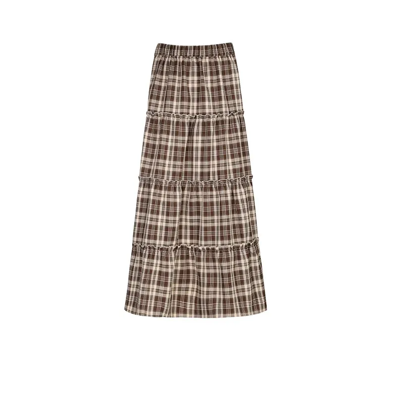 French Vintage Low Rise Y2K Long Skirt Autumn Frill Side Slit Fashion Chic Ruched Plaid Skirt Women Party Grunge