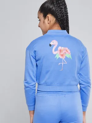 Girls Blue Fleece Flamingo Bomber Jacket