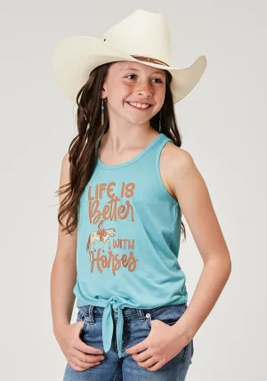 GIRLS SLEEVELESS LIGHT BLUE POLY RAYON RACERBACK TANK WITH FRONT TIE SCREEN PRINT DECORATION