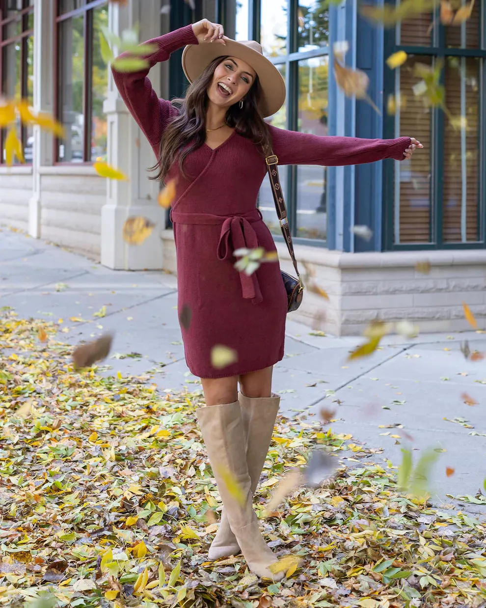 Grace & Lace Faux Wrap Sweater Dress - Cabernet