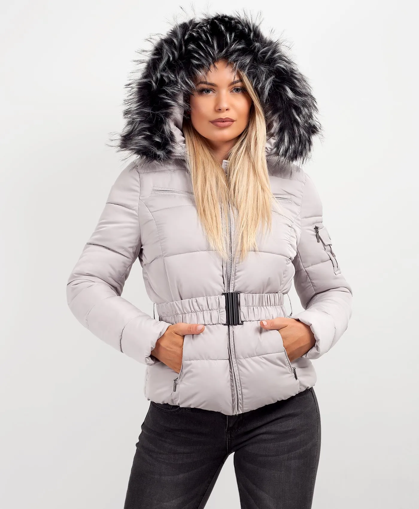 Grey Chunky Faux Fur Hood Belted Puffer Jacket