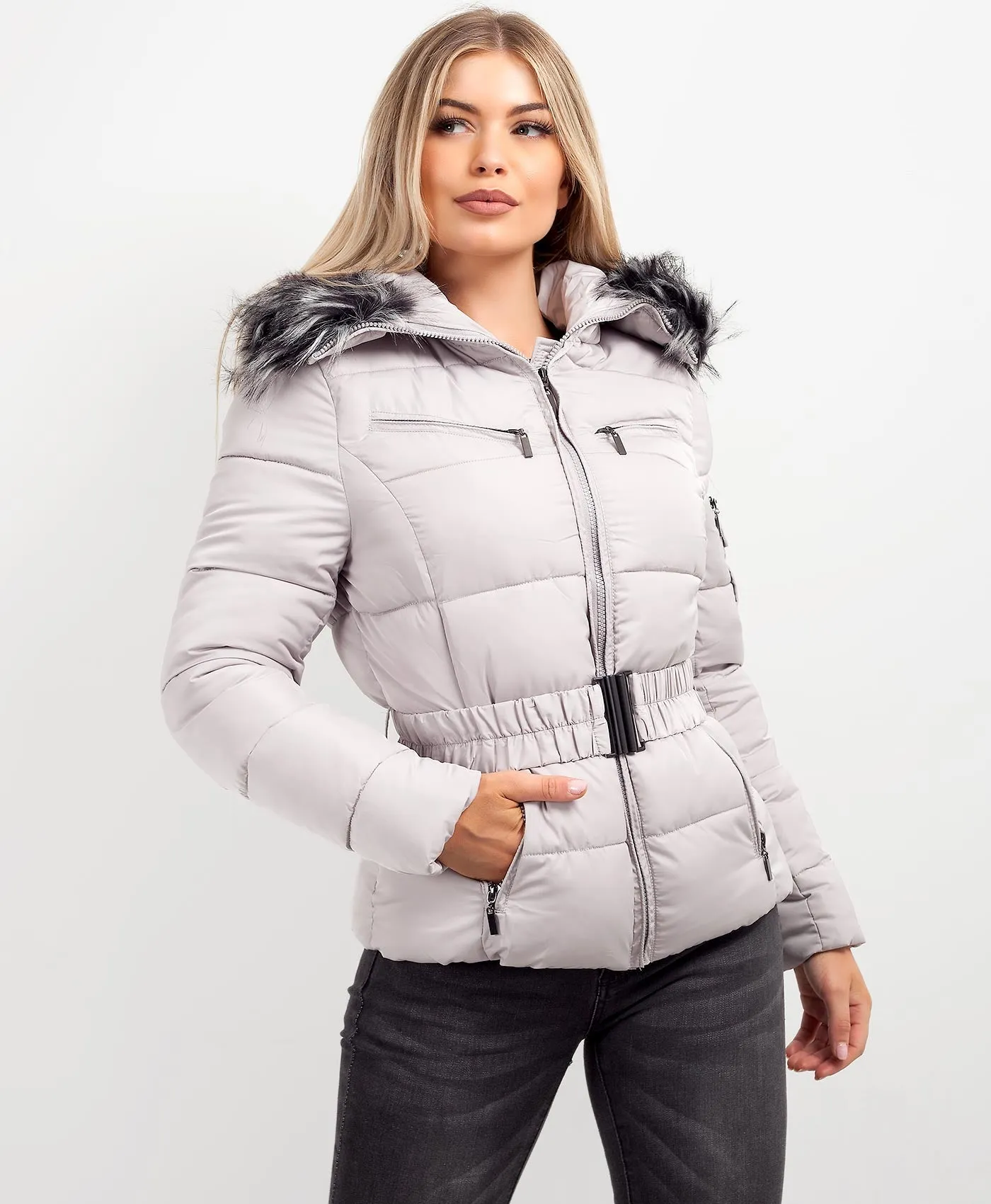 Grey Chunky Faux Fur Hood Belted Puffer Jacket