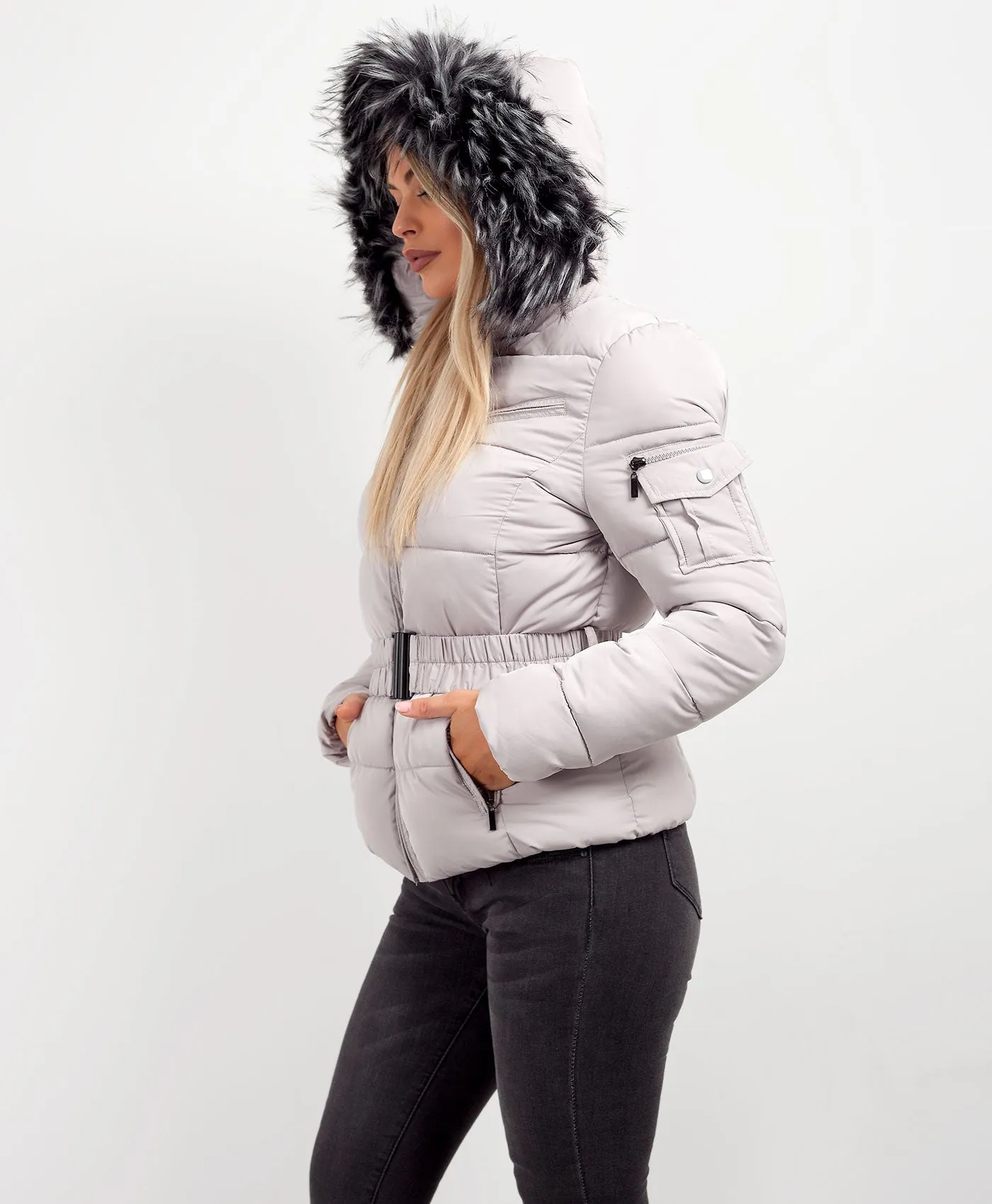 Grey Chunky Faux Fur Hood Belted Puffer Jacket