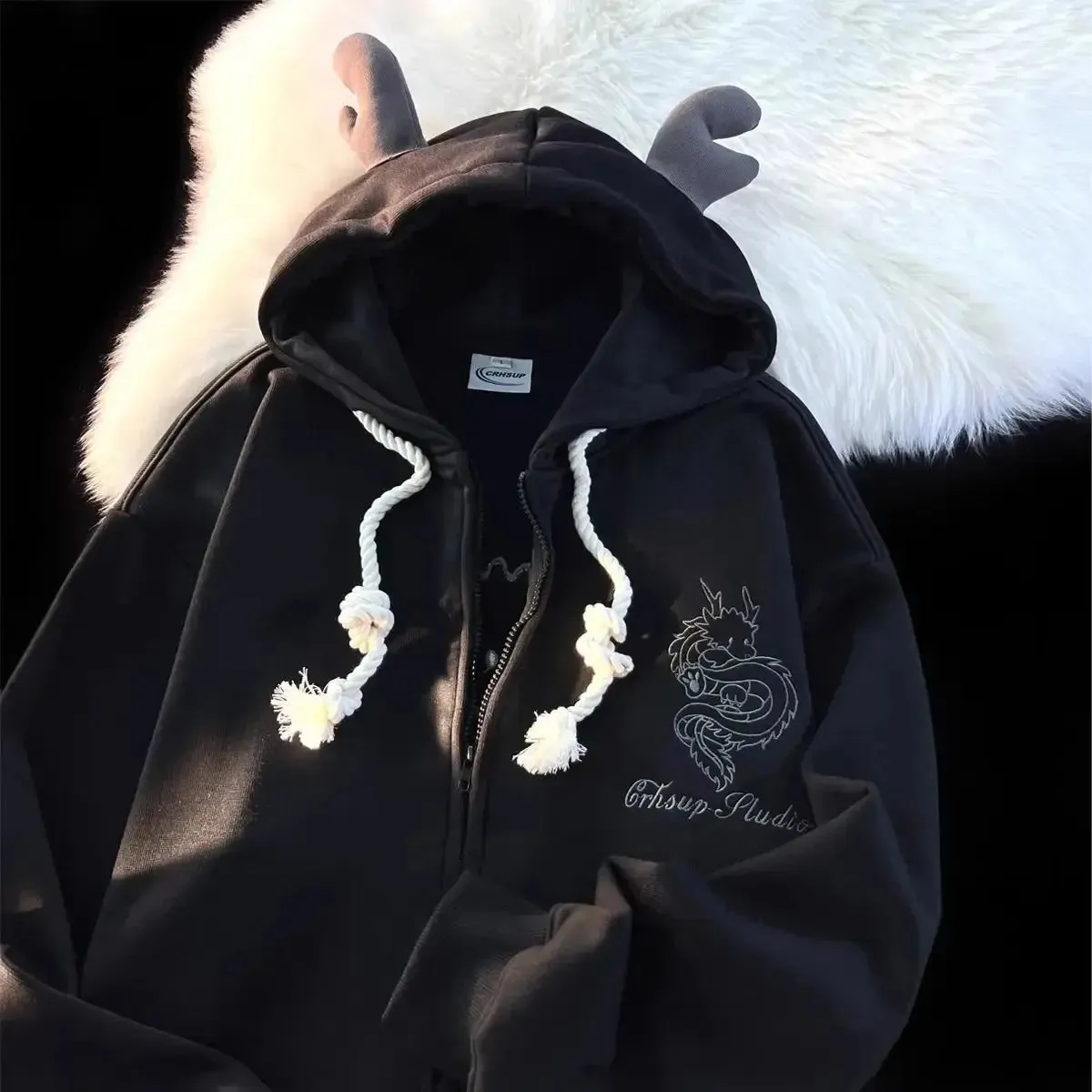 Harajuku New Zip Up Hoodie Year of The Dragon Embroidered Hoodies Long Sleeve Pullover Clothes Couple Velvet Sweatshirt Hoodie