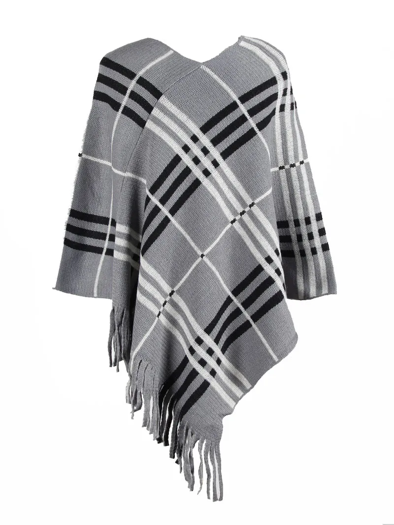 Haute Edition Women's Plaid Poncho with Fringe. One size fits all (S-XL).