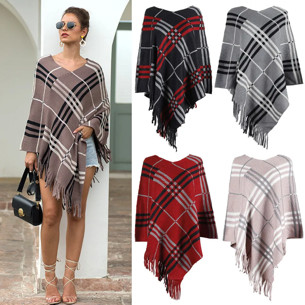 Haute Edition Women's Plaid Poncho with Fringe. One size fits all (S-XL).