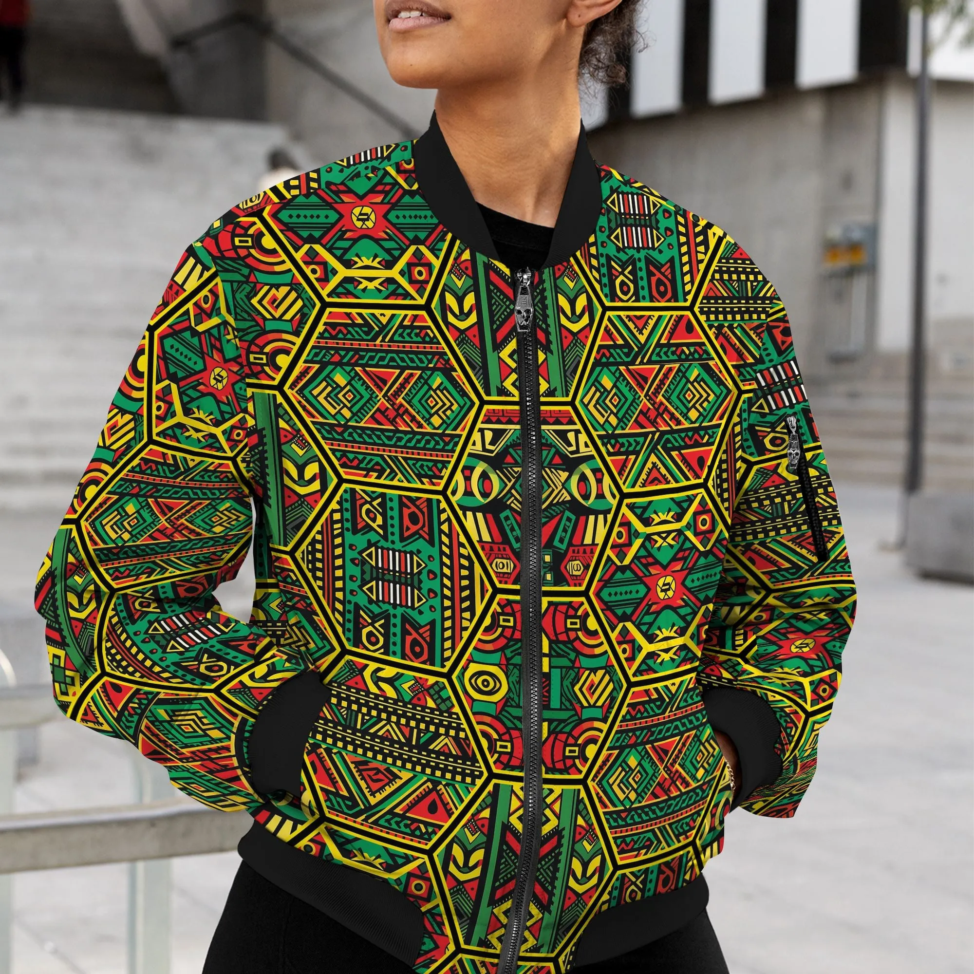 Hexagon African Patterns in Pan-African Colors Bomber Jacket