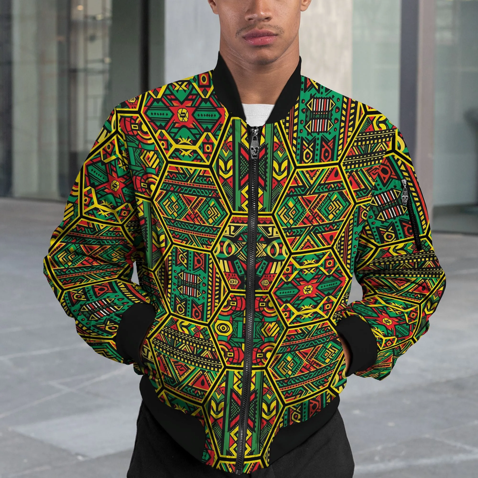 Hexagon African Patterns in Pan-African Colors Bomber Jacket