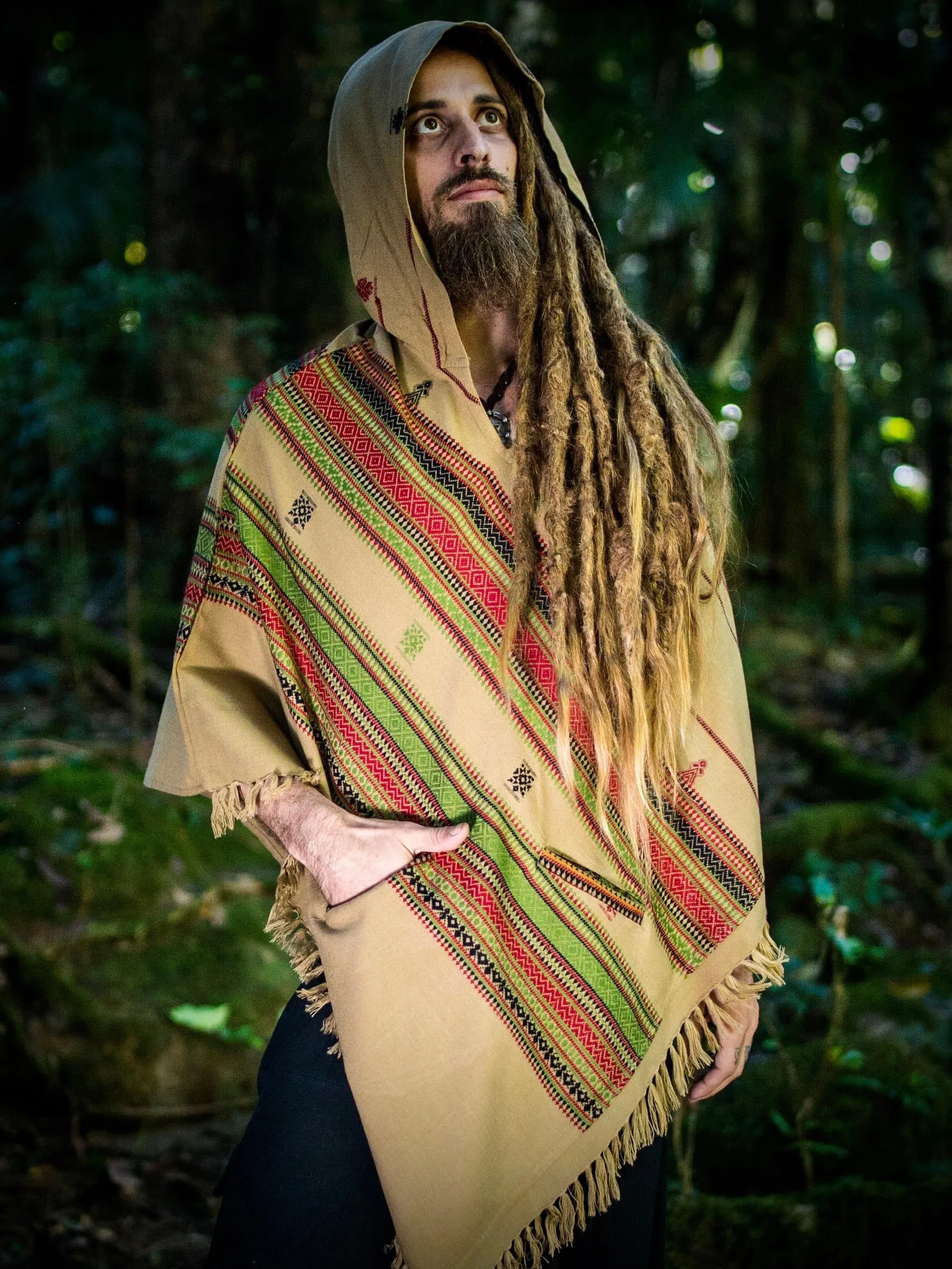 HODDI Handmade Desert Sand Cashmere and Acrylic Wool Poncho with Hood Earthy Tribal Pattern Festival AJJAYA Mens Wear Mexican Primitive