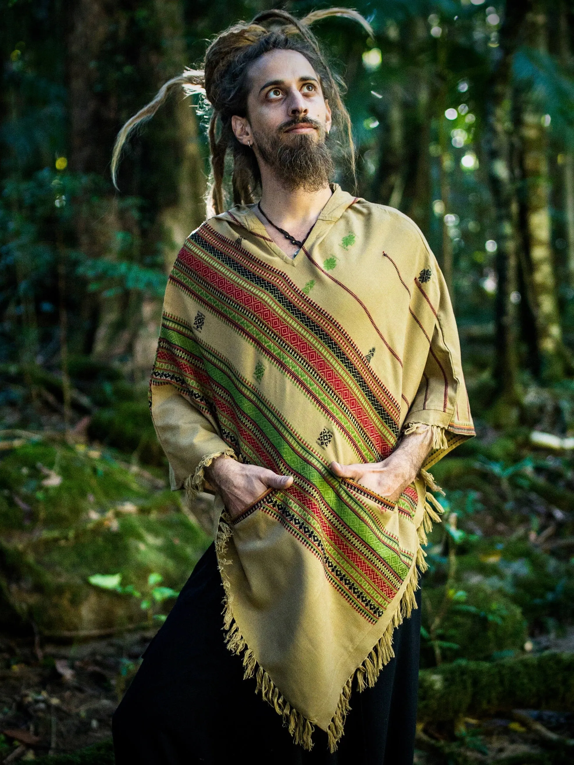 HODDI Handmade Desert Sand Cashmere and Acrylic Wool Poncho with Hood Earthy Tribal Pattern Festival AJJAYA Mens Wear Mexican Primitive