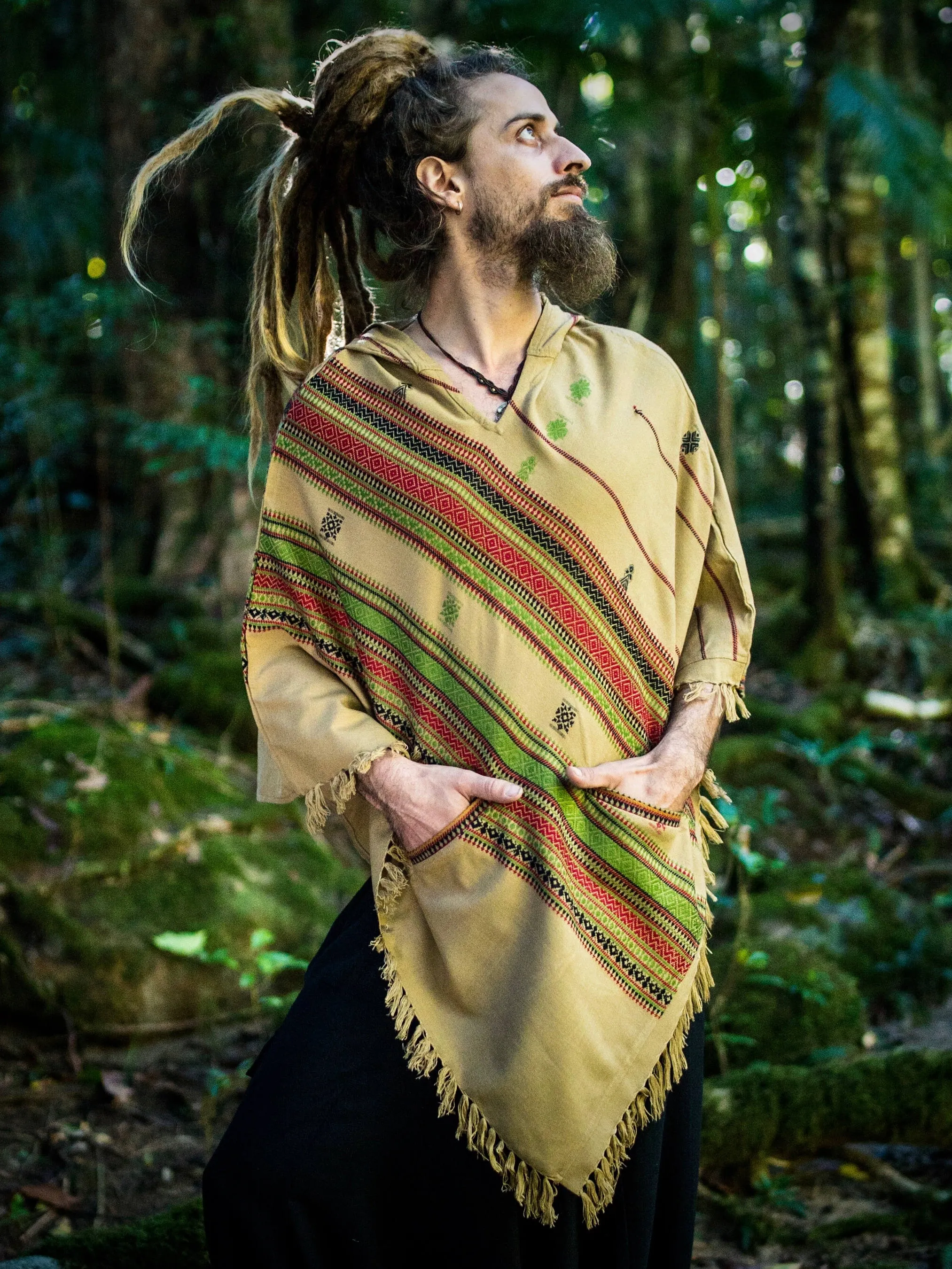 HODDI Handmade Desert Sand Cashmere and Acrylic Wool Poncho with Hood Earthy Tribal Pattern Festival AJJAYA Mens Wear Mexican Primitive