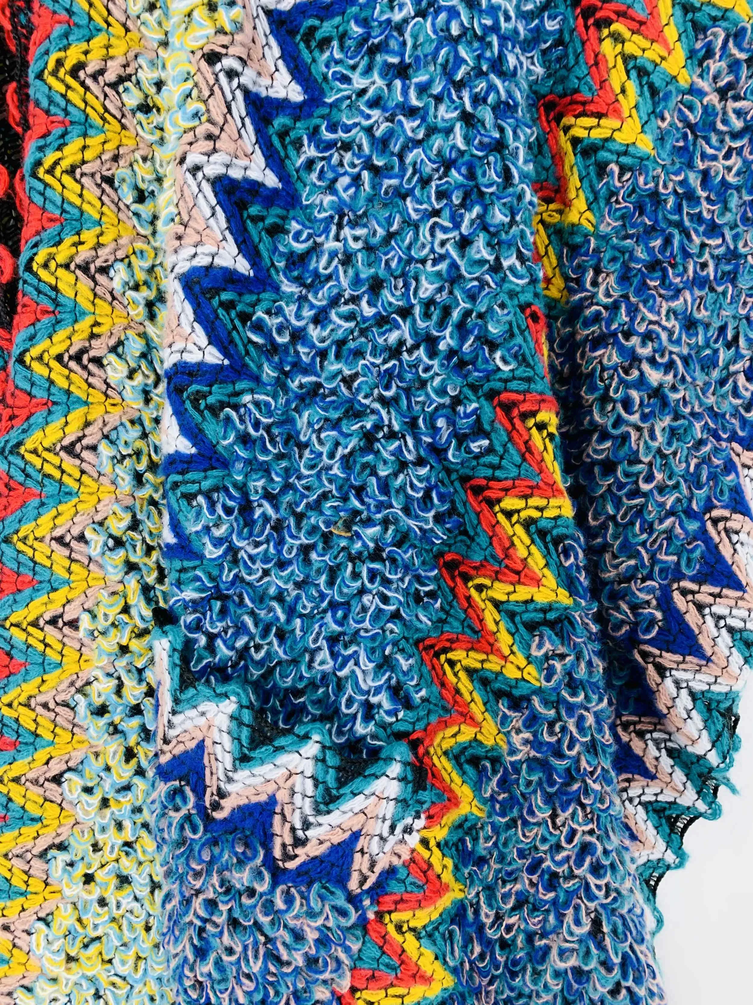 JC063311 Blue-Multi Pocket Colorful Crochet Patterned Ruana