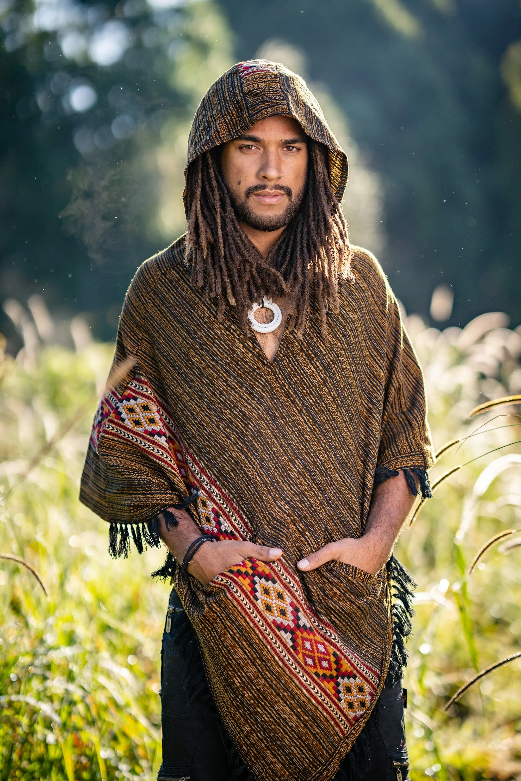 JHANA Hooded Poncho with Pockets Golden Black Cashmere Yak Wool and Acrylic Wool Handmade Celtic Embroidery Primitive Festival AJJAYA Mens