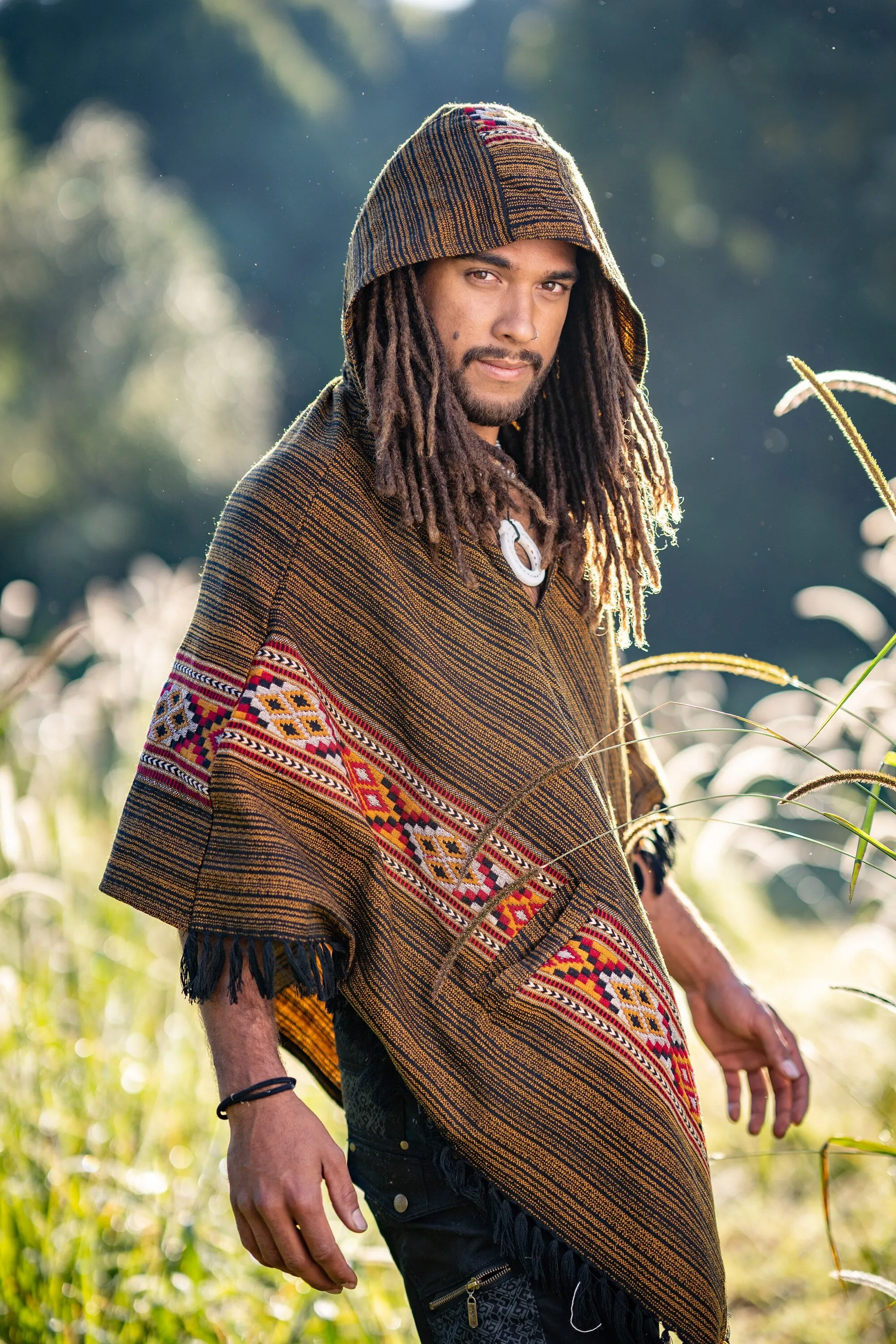 JHANA Hooded Poncho with Pockets Golden Black Cashmere Yak Wool and Acrylic Wool Handmade Celtic Embroidery Primitive Festival AJJAYA Mens