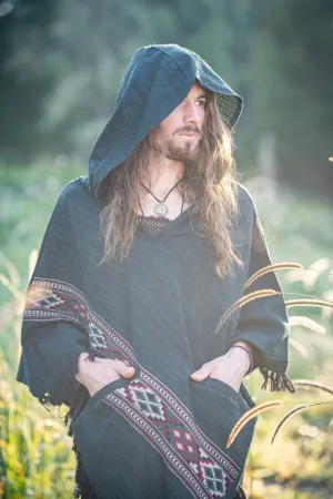 JHANA Mens Hooded Poncho Green Cashmere Yak Wool and Acrylic Wool Pockets Tribal Embroidery Celtic Festival Primitive Large Hood AJJAYA