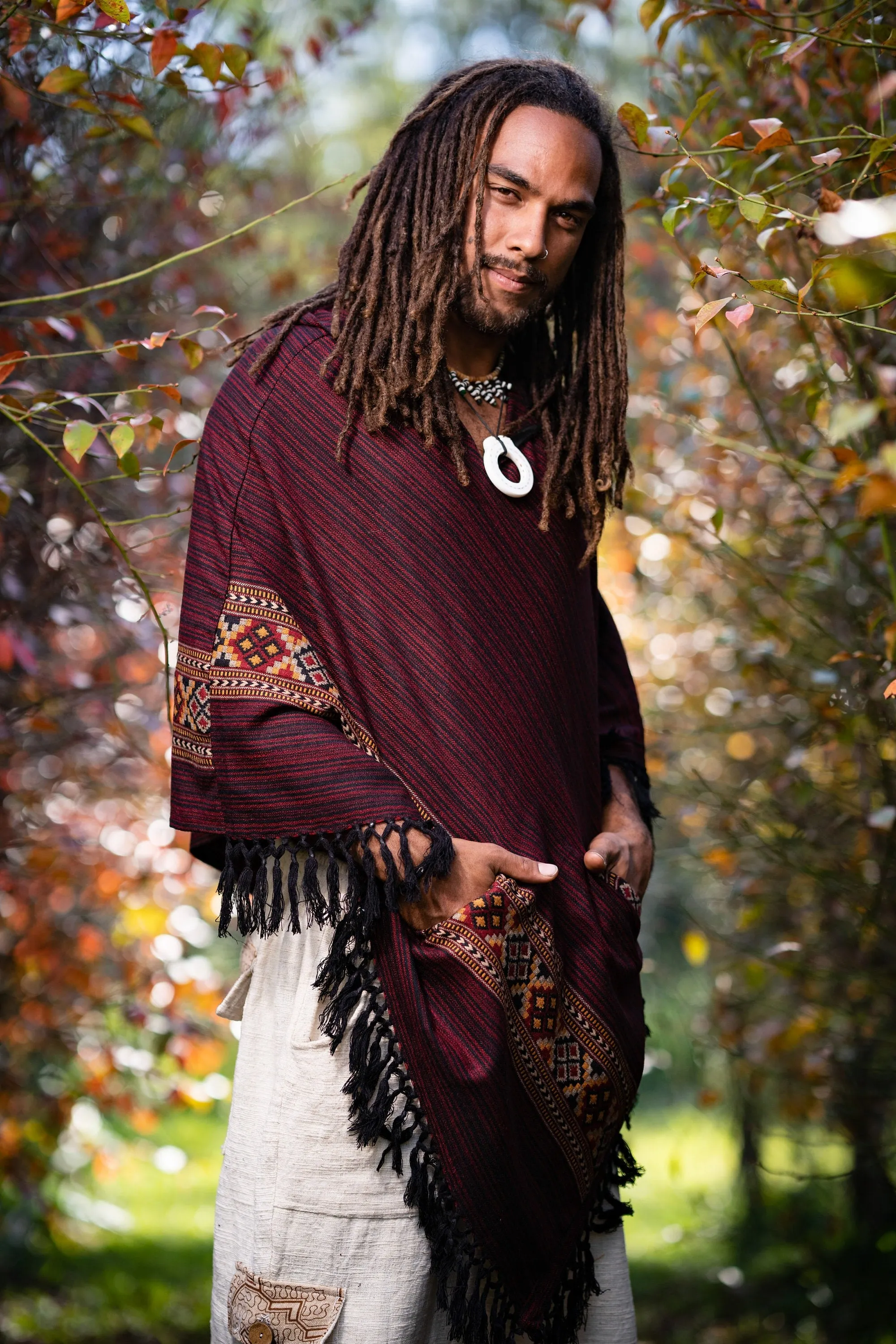 JHANA Mens Hooded Poncho Large Hood Red Crimson Yak Wool and Acrylic Wool Tribal Embroidery Celtic Shaman Festival Mexican Primitive AJJAYA