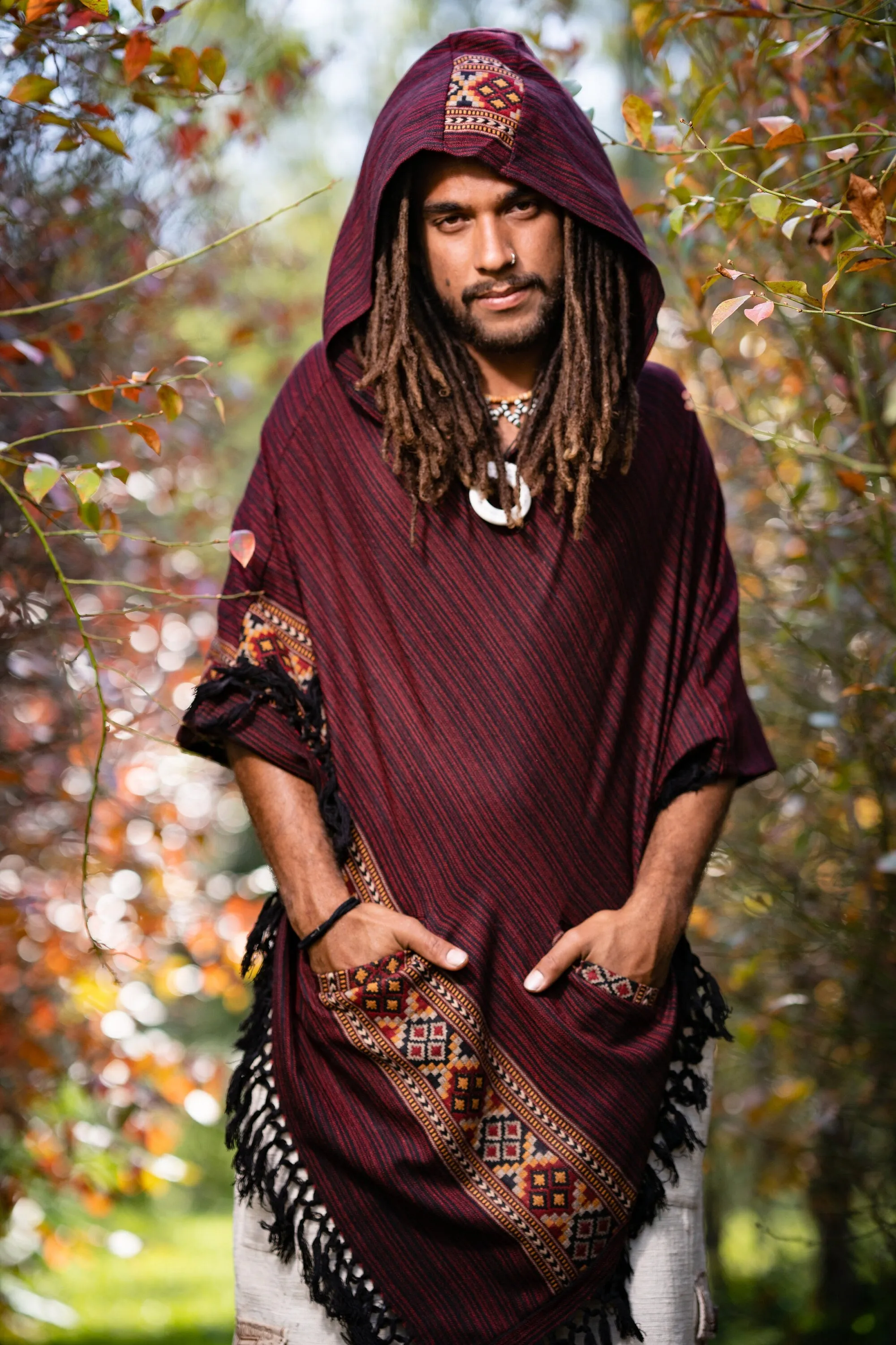 JHANA Mens Hooded Poncho Large Hood Red Crimson Yak Wool and Acrylic Wool Tribal Embroidery Celtic Shaman Festival Mexican Primitive AJJAYA