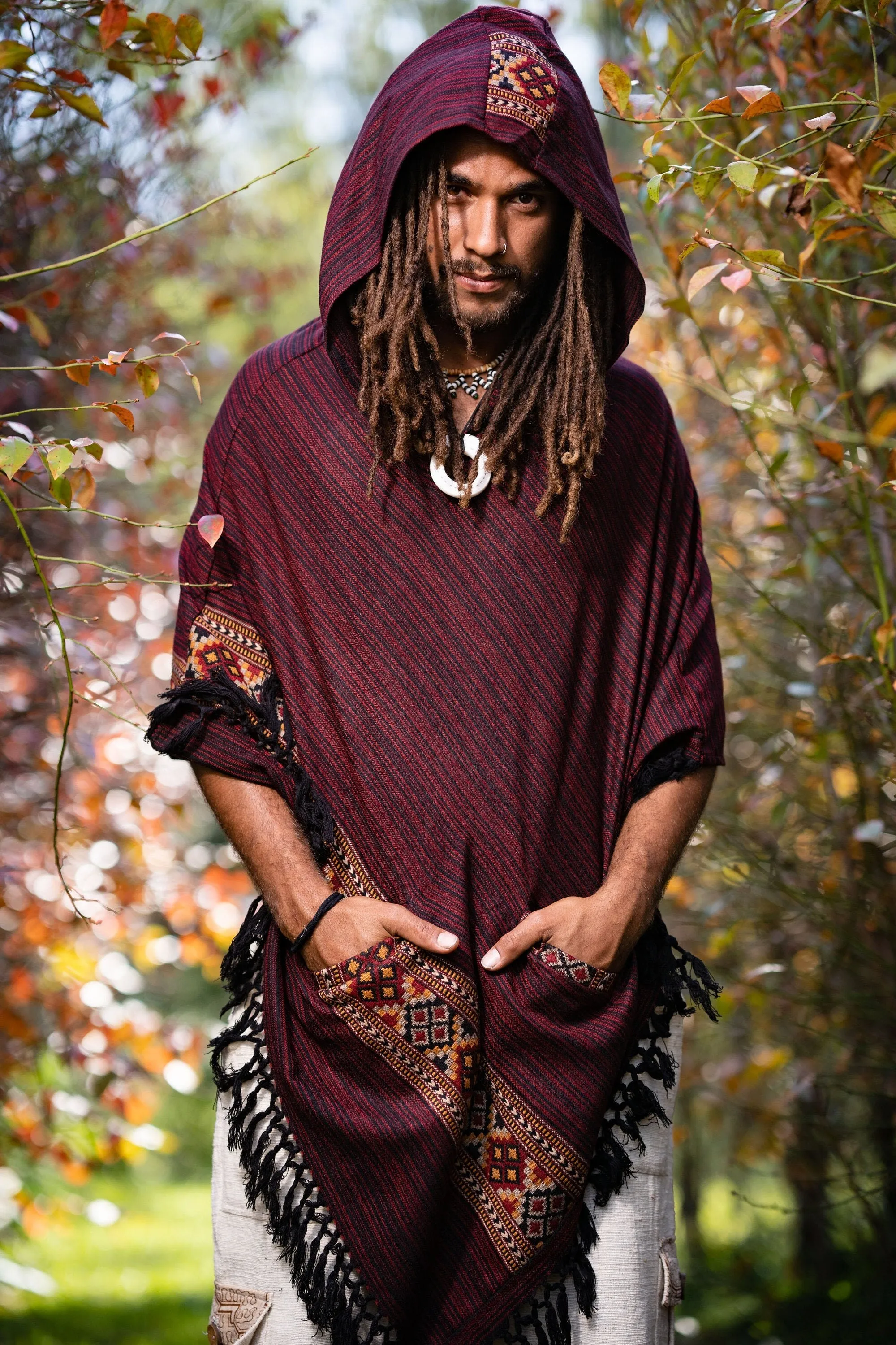 JHANA Mens Hooded Poncho Large Hood Red Crimson Yak Wool and Acrylic Wool Tribal Embroidery Celtic Shaman Festival Mexican Primitive AJJAYA