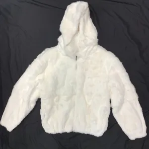 Kashani White Rabbit Fur Hooded Bomber Jacket