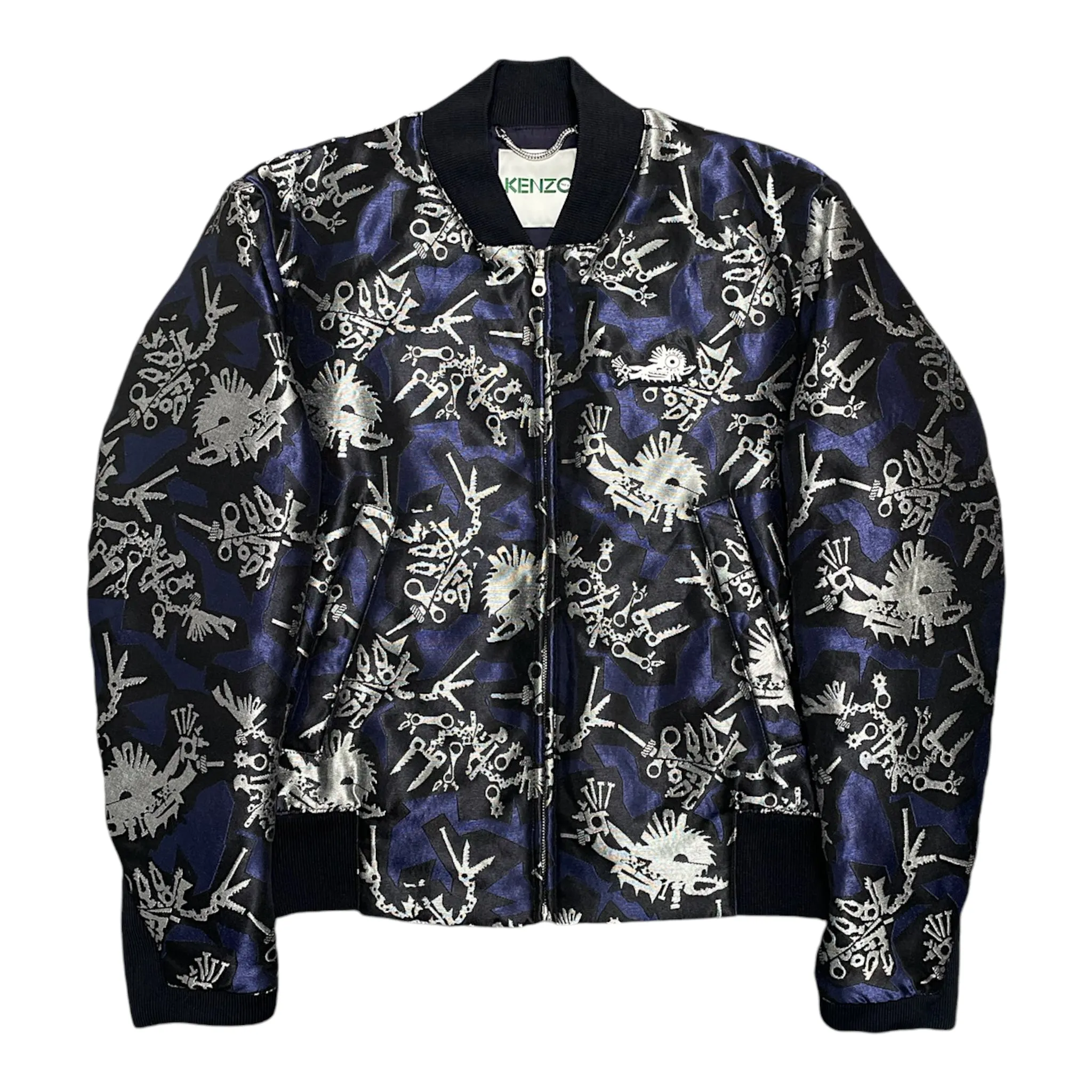 Kenzo Embroidered Print Bomber Jacket Navy Blue Silver Pre-Owned