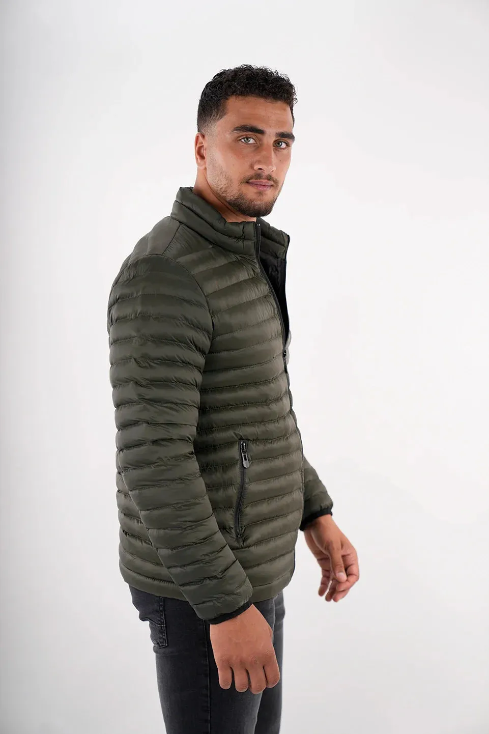 Khaki Puffer Jacket With Zipper To Close